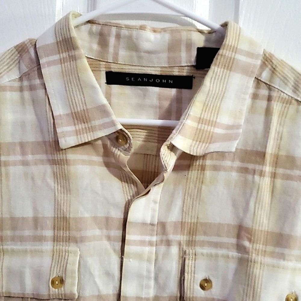 Sean John White & Tan Windowpane Plaid Button Up Shirt Linen Blend Nautical 3XL - Picture 3 of 9
